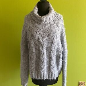POL Soft  Blue Gray Cable Knit Turtleneck Sweater